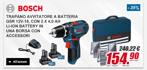 Bosch Trapano avvitatore a batteria GSR 12V-15, con 2 x 4,0 Ah Li-ion battery in una borsa con accessori