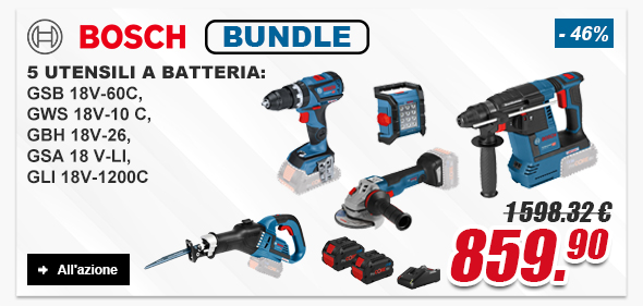 Bosch 5 utensili a batteria: GSB 18V-60C, GWS 18V-10 C, GBH 18V-26, GSA 18 V-LI, GLI 18V-1200C