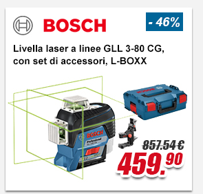 Bosch Livella laser a linee GLL 3-80 CG, senza batteria e caricabatteria, con set di accessori, L-BOXX