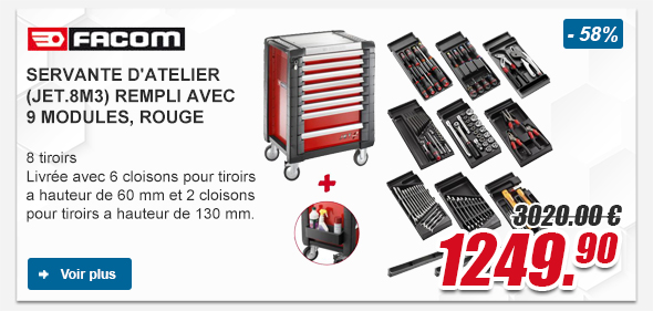 Facom Servante d'atelier (JET.8M3) rempli avec 9 modules, rouge