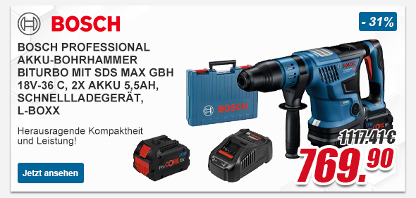 Bosch Professional Akku-Bohrhammer BITURBO mit SDS max GBH 18V-36 C, 2x Akku 5,5Ah, Schnellladeger&auml;t