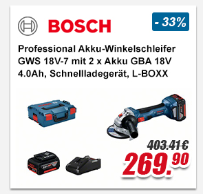 Bosch Professional Akku-Winkelschleifer GWS 18V-7 mit 2 x Akku GBA 18V 4.0Ah, Schnellladeger&auml;t, in L-BOXX
